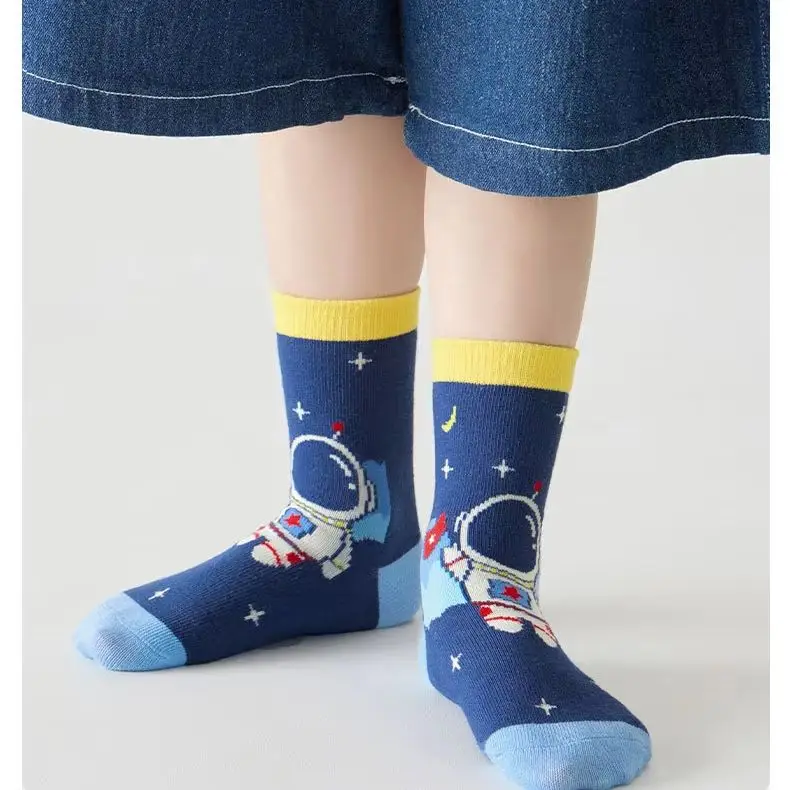 5 Pairs Socks Boys\' Cartoon Astronaut Pattern Cotton Socks Children\'s Spring Autumn Calf Socks Baby Girls Socks
