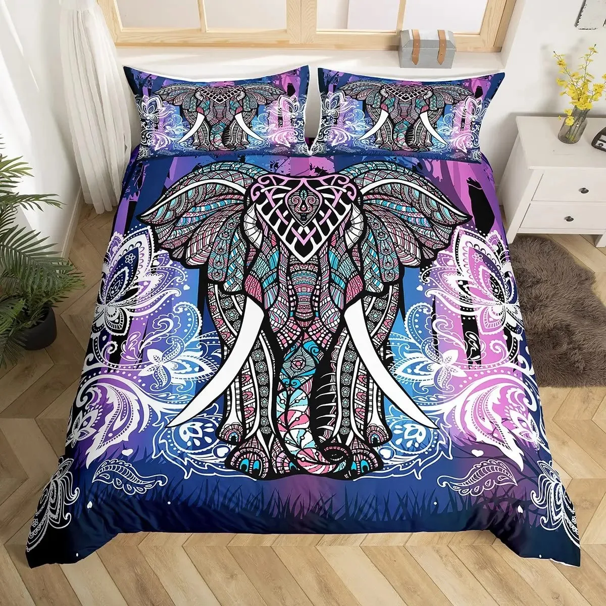 

Bohemian Mandala Elephant Duvet Cover Set Boho Elephant Bedding Set Safari Animal Comforter Cover Paisley Indian Exotic Bed Sets