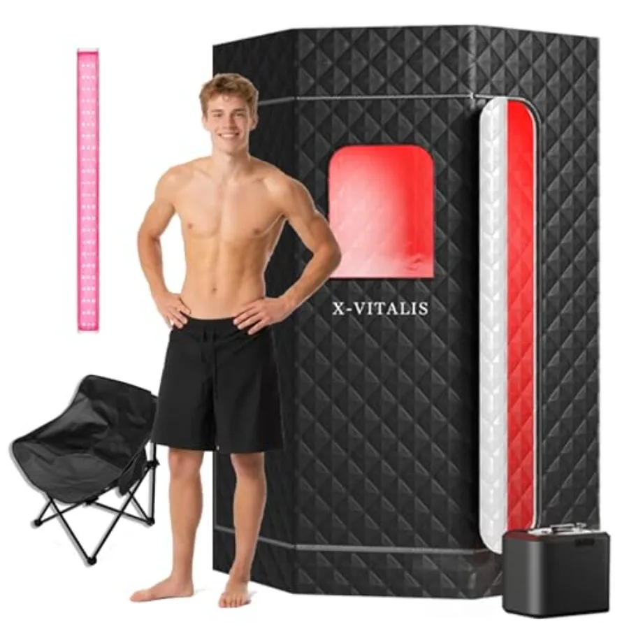 

Upgraded Steam Sauna with Red Light Therapy Panel for Personal Home Spa in Black Stainless Steel Enhanced Relaxation and Detoxi