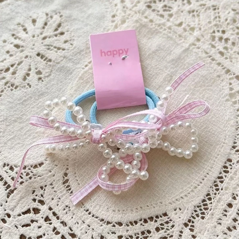 2pcs Spring Sweet Plaid Bow Hair Ties Ponytail Candy Pearl Kids Elastic Hair Bands Girls High Stretch Kawaii Head Accessories