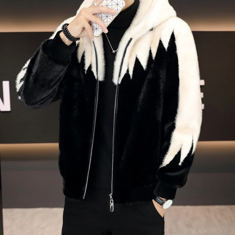 High-End Winter Hooded Jacket Color Matching Imitation Fur Cotton-Padded Coat Padded Jacket Leather Woolen Coat Short Handsome C