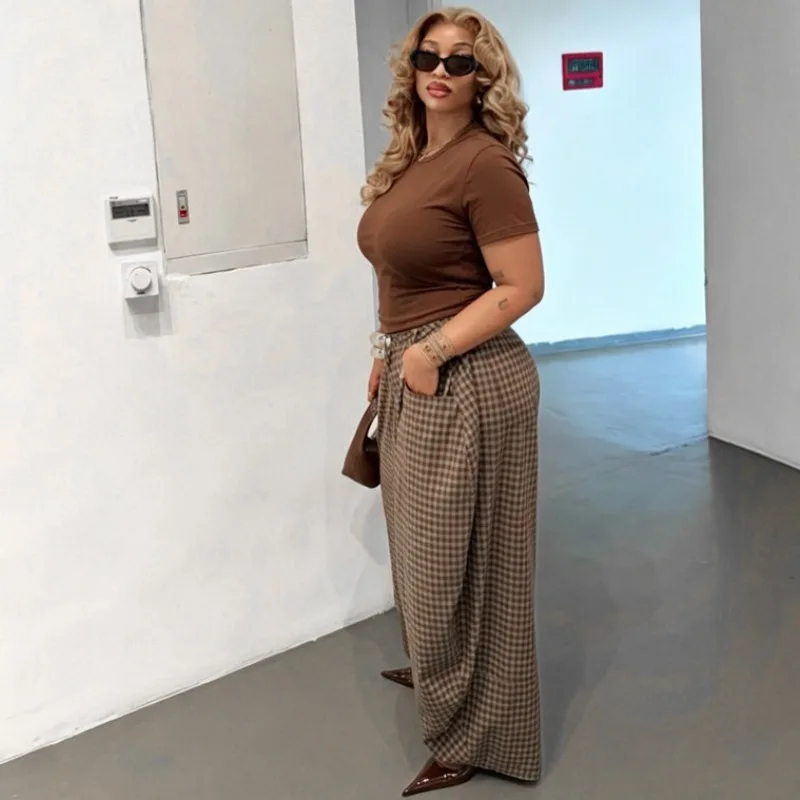 African Women Retro Plaid High Waist Harem Pants Loose Wide Leg Trousers Casual Vintage Baggy Checkered Streetwear