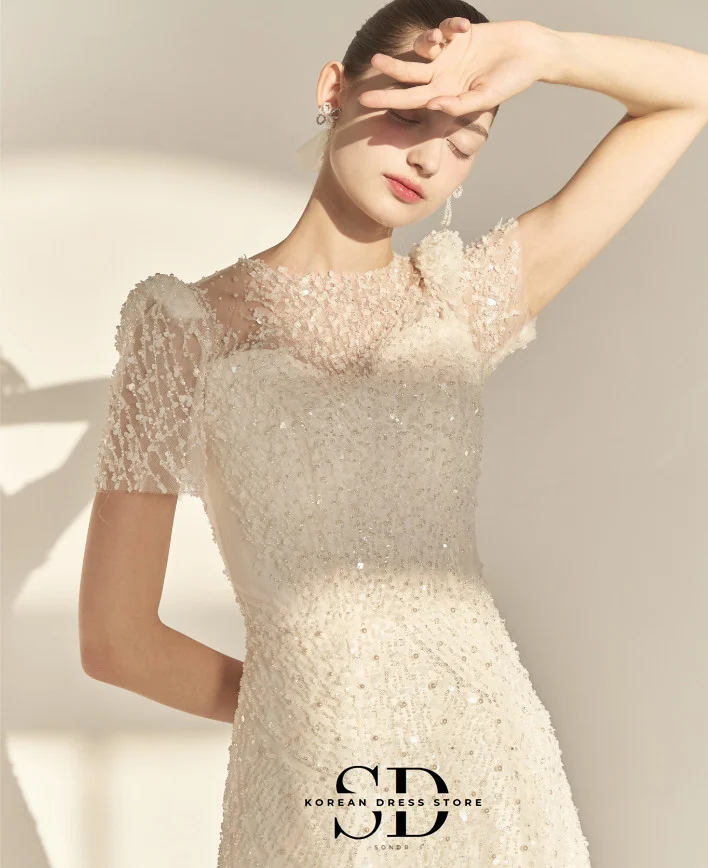 Sondr Luxury Women Wedding Dresses O-Neck Short Sleeves Sequined Wedding Party Gown Customized Evening Gown Prom Dress for Lady