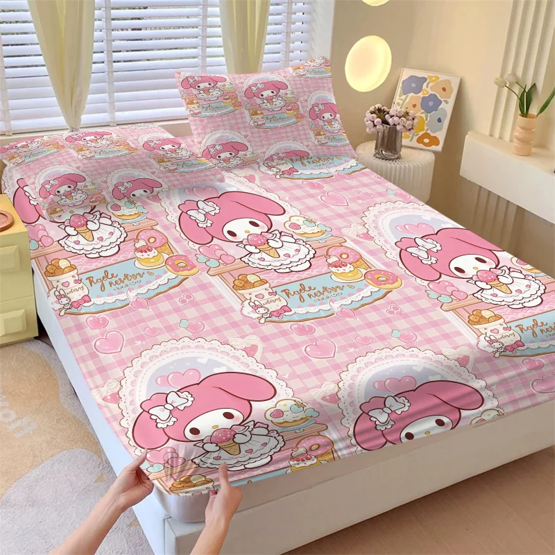 

3Pcs Sanrio My Melody Fitted Sheet Set With 2 Pillowcases Anti-slip Soft Breathable Bed cover Cartoon Bedding For Bedroom Decor