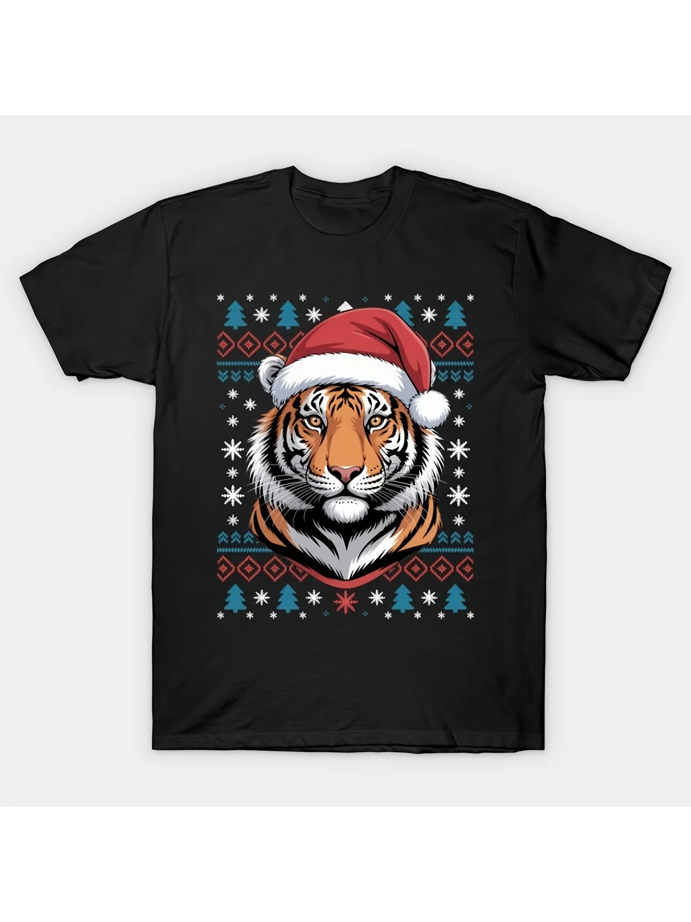 

Men's Tiger Ugly Xmas Tee - Tiger/Reindeer Print, Swedish Flag Colors, 180gsm Cotton, Short-Sleeve, Tiger Lover Party Wear