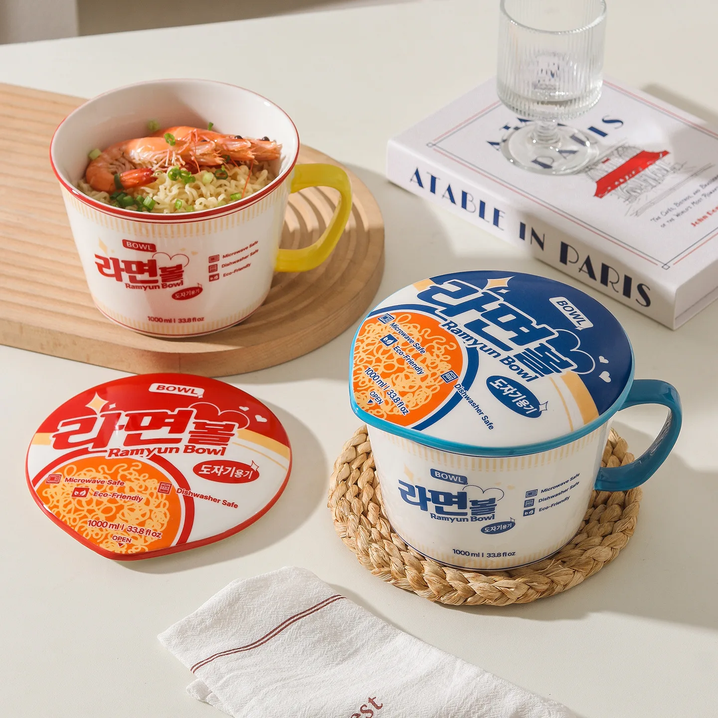 1pc Large Capacity Ceramic Instant Noodle Bowl with Cover，Perfect for Dorms and Home Kitchens - Keep Your Noodles Fresh and Warm