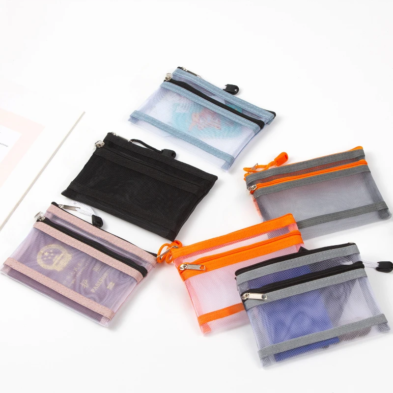 Double Layer Zipper Coin Bag Nylon Mesh Lipstick Key Earphone Organizer Holder Bus Bank ID Credit Cards Pouch Case Storage