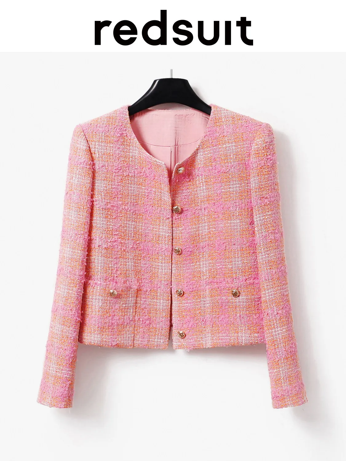 New Sweet pink plaid woven tweed jacket, age reducing versatile top Custom Size