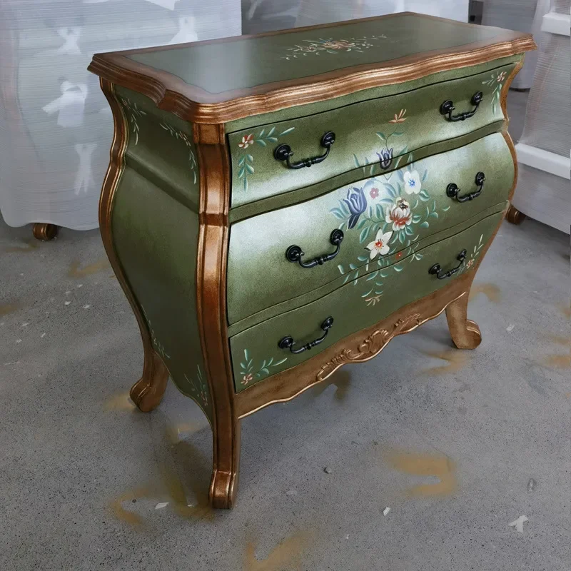 Green Three Bucket Cabinet Retro Painted Furniture Wave Design Entryway Porch Storage Living Room Locker Decorative Sideboard
