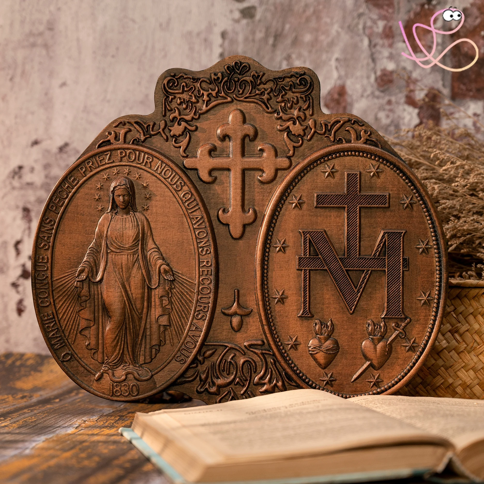 Miraculous Medal Virgin Mary, wood carving decoration, Grace Medal, Glory Mary statue, Catholic art gift