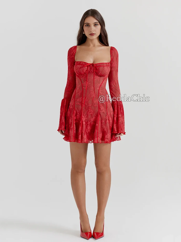 REDDACHiC เซ็กซี่ลูกไม้ Flowy ชุดมินิผู้หญิงฤดูร้อนสแควร์คอรัดตัว Jacquard ดูผ่านแขนยาว Valentine Party One-piece