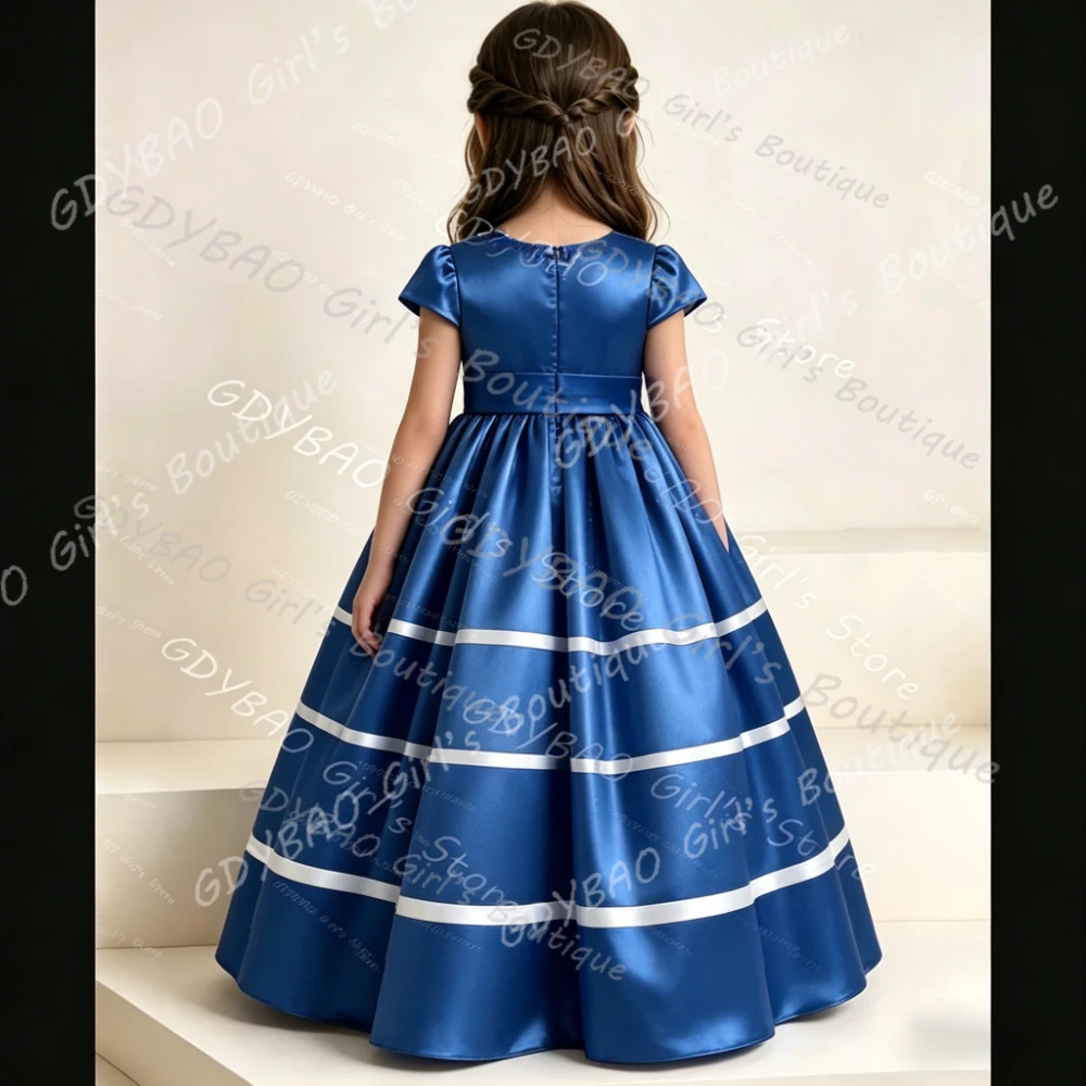 White/Ivory Satin Pearls Flower Girl Dress for Kids Cap Sleeves Princess Communion Dress with Sashes Custom Vestidos de Noiva