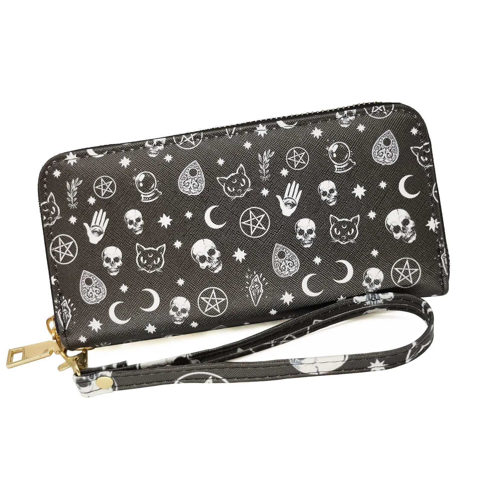 

Trendy Gothic Skull Pattern Long Wallet, Portable Multi-card Slots Card Holder With Wristbands, Perfect Halloween Wrist Purse Fo