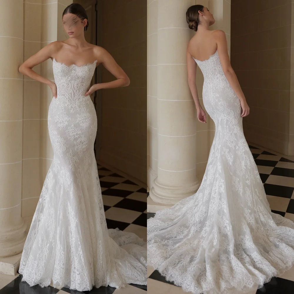 

Customized Lace Pleat Strapless Mermaid Floor-length Bespoke Occasion Dress Woman Elegant Party Wedding High Quality Formal