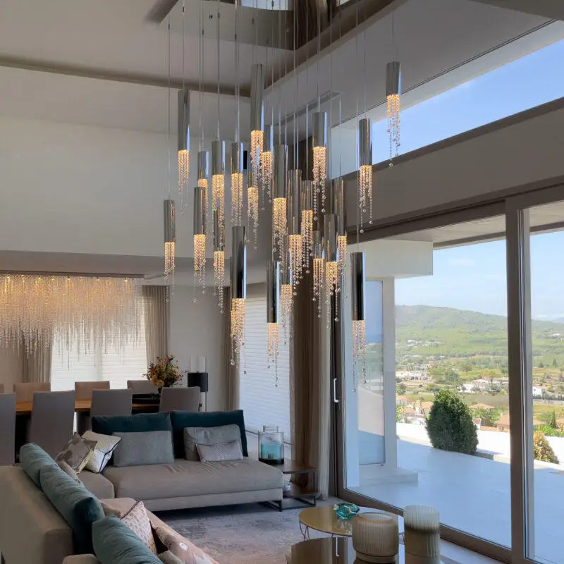 Sophisticated Modern Chrome Rectangle Canopy Cylinder Crystal Bead Tassel Hanging Pendant Ceiling Light for Dining Room