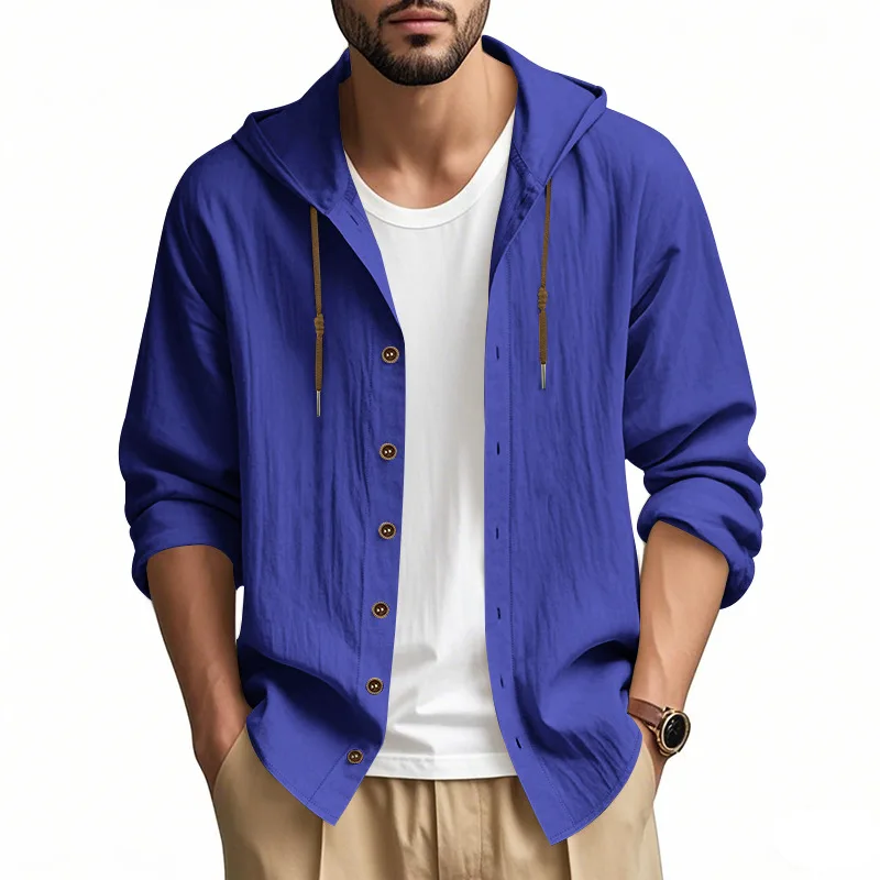 

Men's Solid Color Casual Long Sleeved Shirt Hooded Cotton And Linen Cardigan Loose Beach T-Shirt