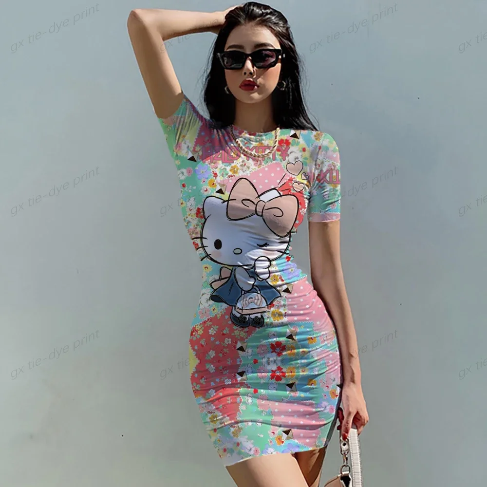 Short Sleeve Bodycon Mini Dress Women Sexy Party Club Evening Birthday Hello Kitty Print Dresses 2024 Spring Summer Wholesale