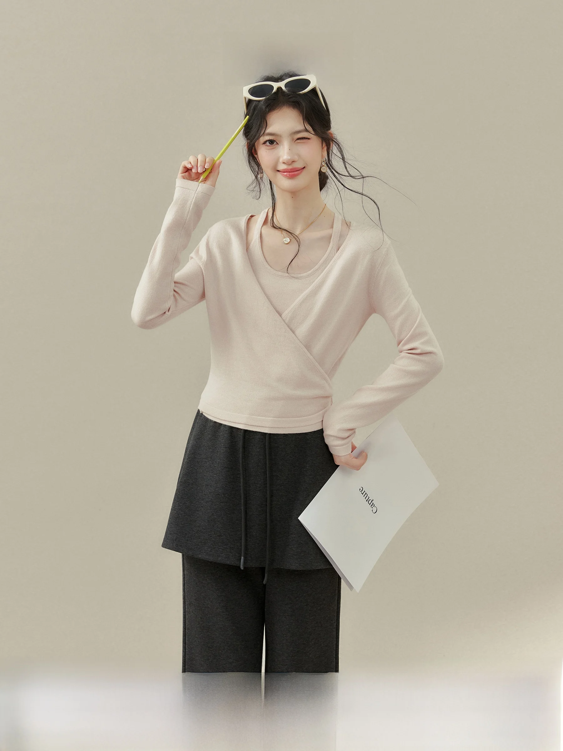 

Spring P Pink Workwear Sle Knitted Vest Deep V Ne Belted Two Piece Set Women's Faion Slim Fit Long Sve Knitwear