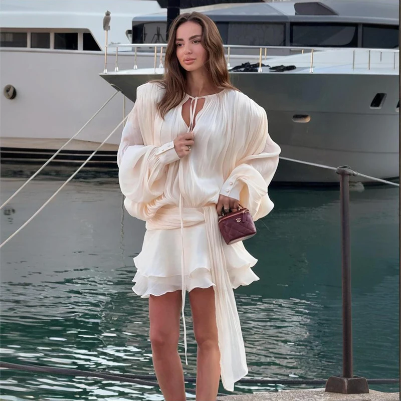 

Tornova Chiffon Long Sleeve Dress Sets Female Lace Up Lantern Sleeve Elegant Ruffled Dress High Street Sexy Perspective Outfits