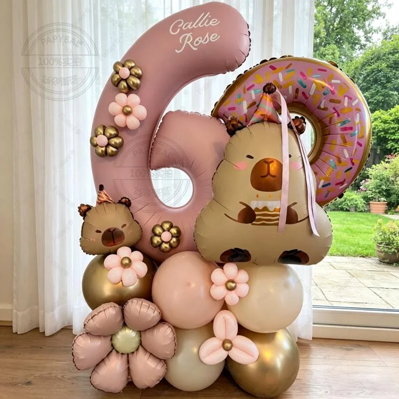 27-teiliges Capybara Donut Gänseblümchen Ballon-Set 40 Zoll Babyrosa Nummer 1-9 Ballons Cartoon-Tier-Thema Party-Dekoration Foto-Requisiten