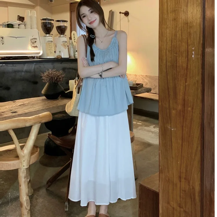 ゆったりとしたブルーの紳士風デザインのツーピースセット、万能な白いスカート付き、女性の夏のファション衣装、f丈スカート