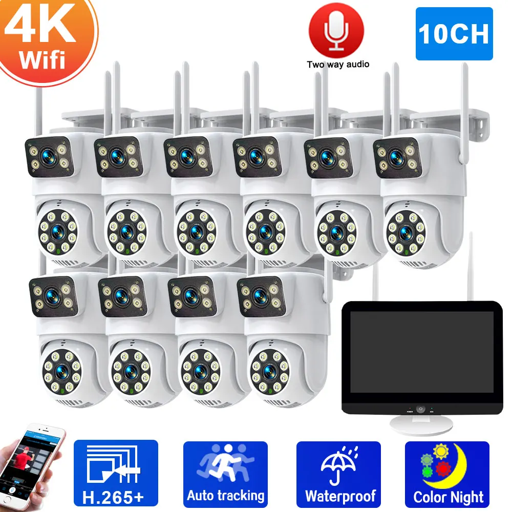 

4K Wireless Dual Lens CCTV Surveillance System 10CH 12.5" Screen NVR Set 8CH Color Night Vision Wifi PTZ Camera Security Kit 8CH