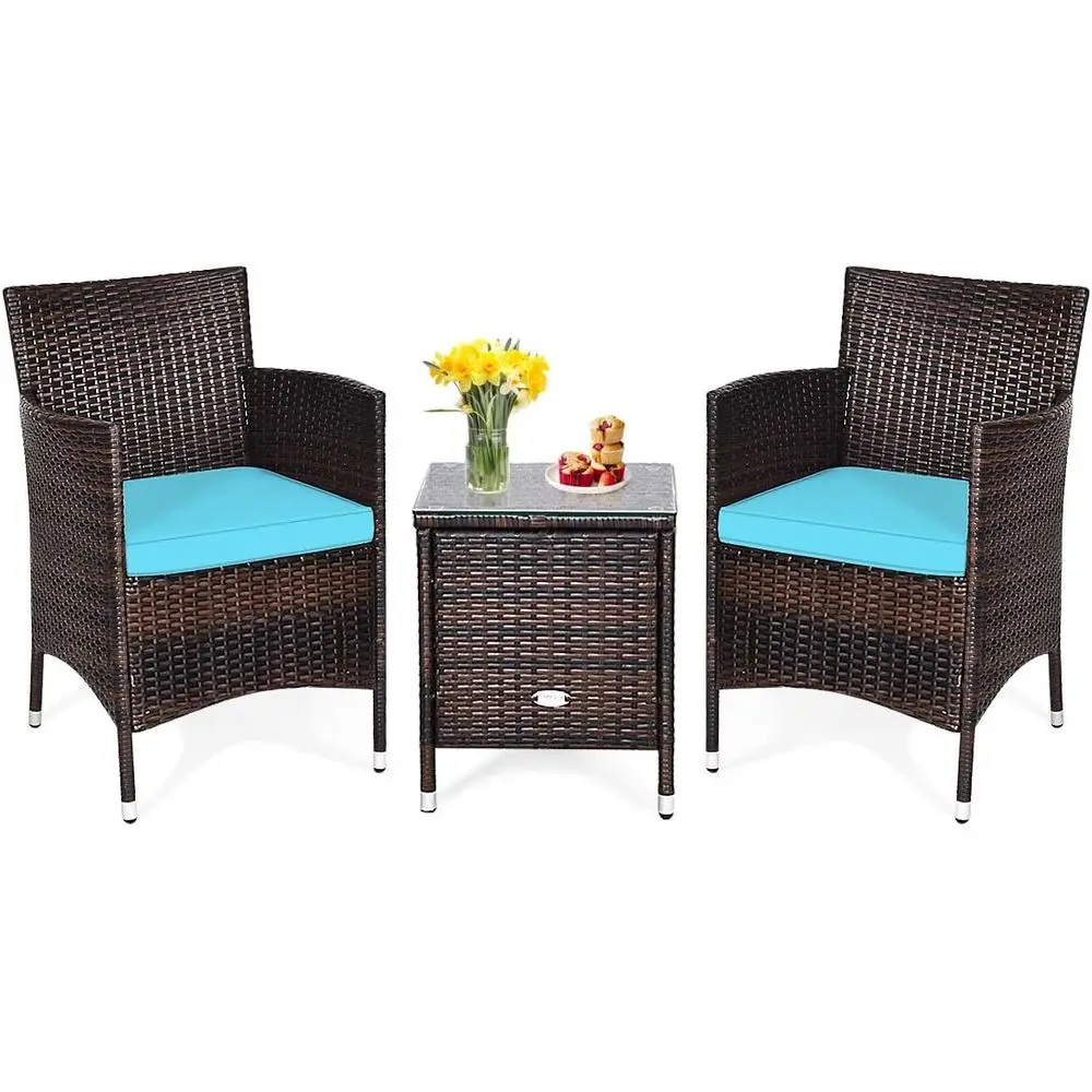 3-Piece Wicker Patio Furniture Set with Cushions, Weather-Resistant Rattan Bistro Set for Outdoor, Turquoise