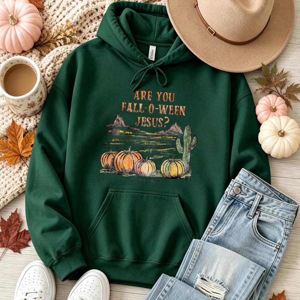 Are You Fall-O-Ween Jesus Western Cactus Pumpkin Graphic Hooded Sweatshirt Christian Faith Halloween Autumn Casual Pullover Tops