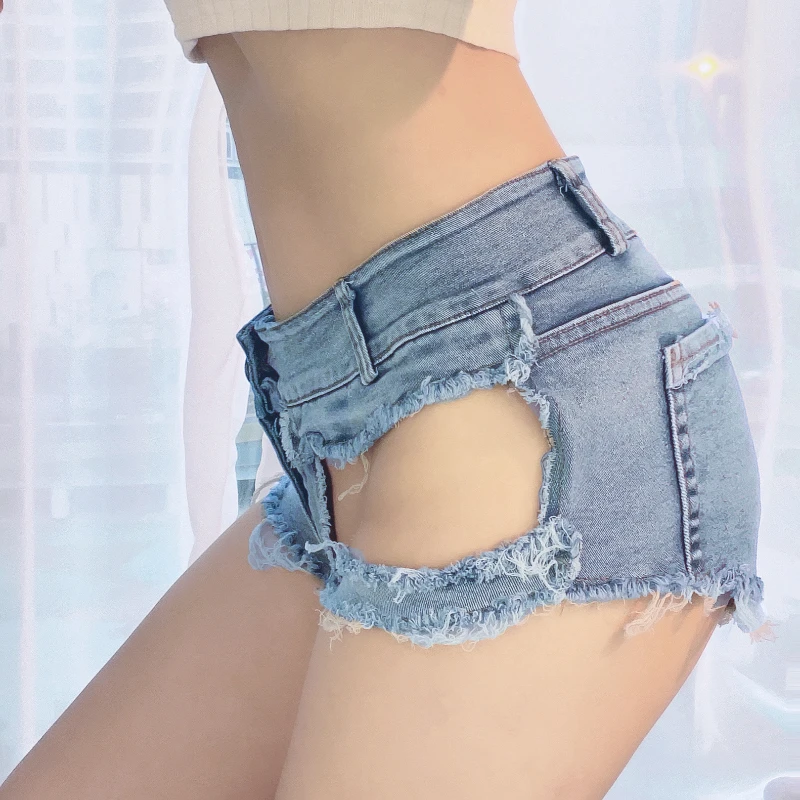 Woman Erotic Low Waist Mini Jeans Leg Hollow Crotch See Through Sexy Pants Costume for Club Party Loose Ripped Baggy Shorts Hot