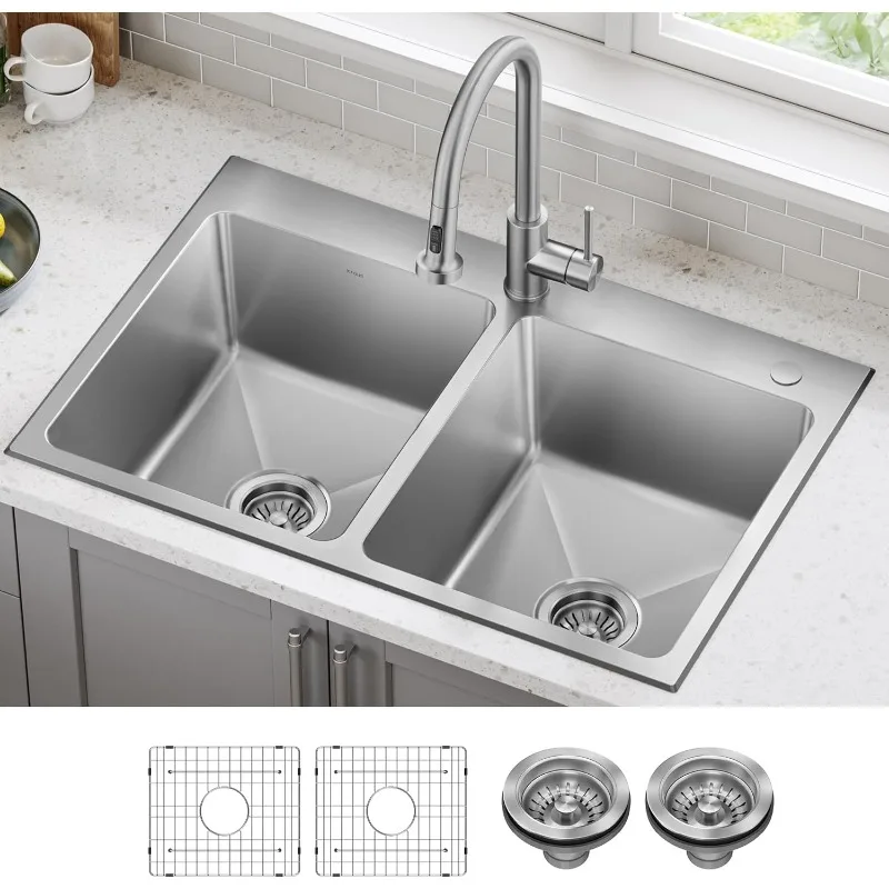 KRAUS Fairlane 33-inch Drop In/Top Mount Double Bowl 18-Gauge Stainless Steel Kitchen Sink, KHT632-33