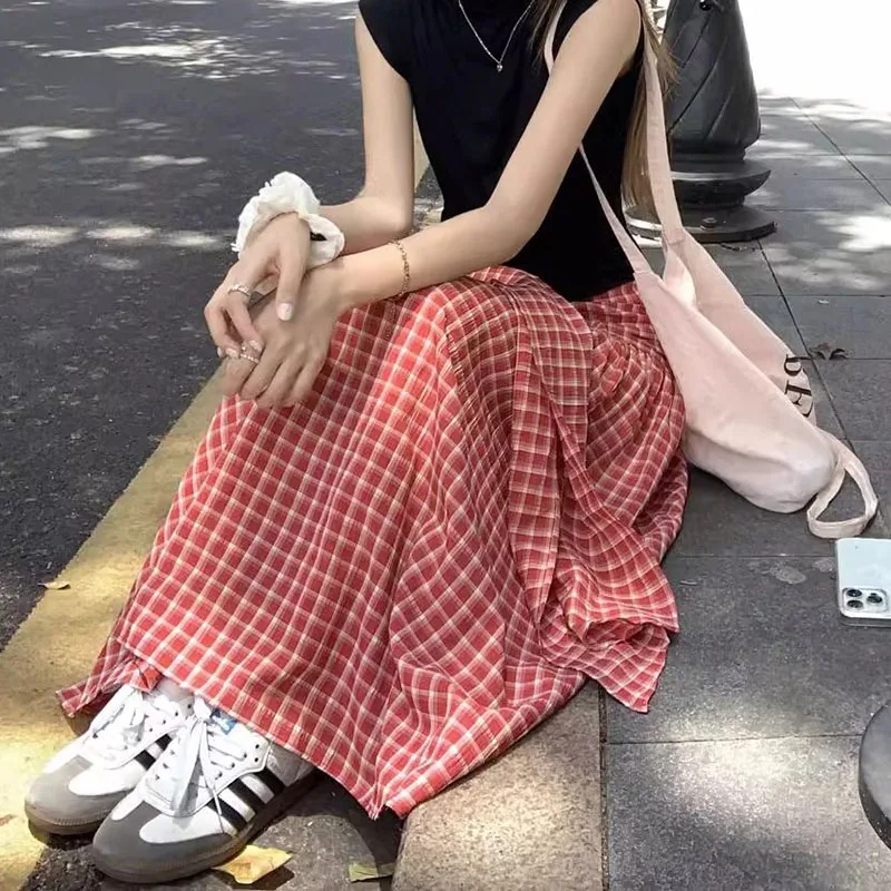 Retro Rot Plaid Print Röcke für Frauen Hohe Taille Bogen Strap Röcke Mode Sommer frauen Kleidung Weibliche Lange Röcke Streetwear