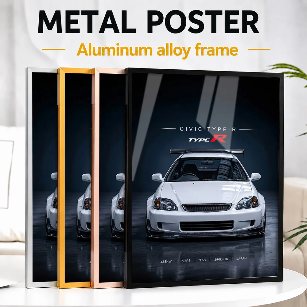White Japanese Civic Type-R EK9 Car Framed Aluminum Metal Poster Personalized Studio Graphic Wall Art For Man Cave Or Office