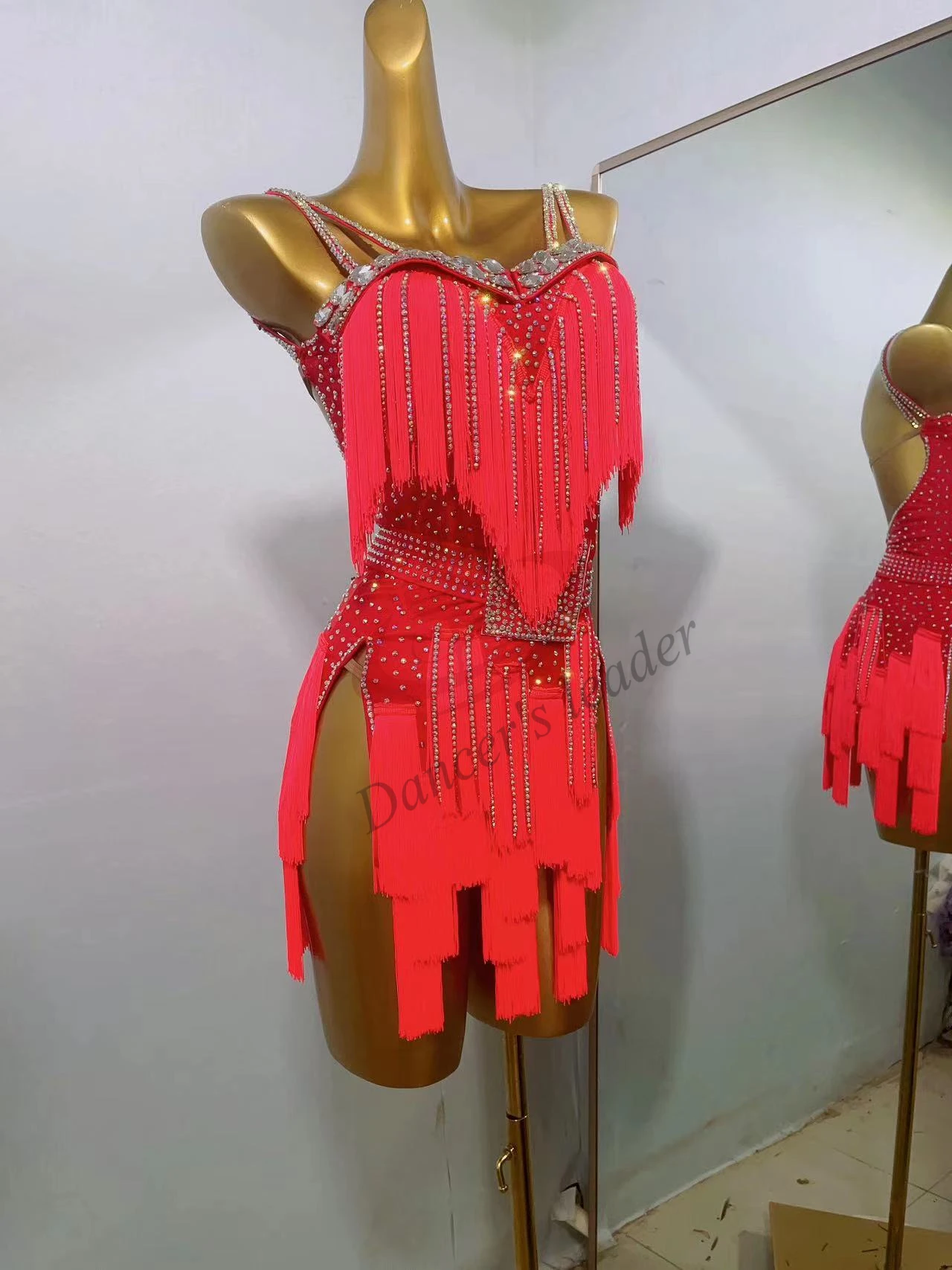 Vestido de borla vermelho personalizado para adulto feminino, Roupa de dança latina profissional, Cha Tango