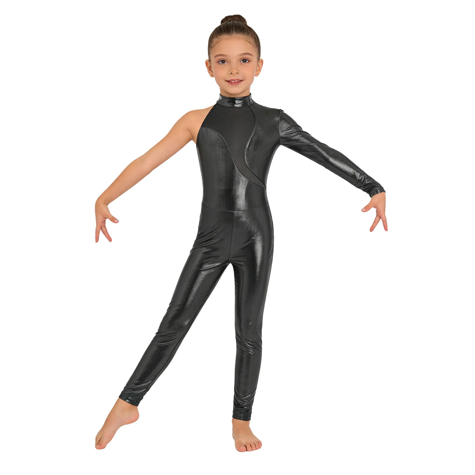 Kids Girls Ballet Dance Leotard Metallic Gymnastics Acrobatics Unitards One Shoulder Mesh Figure Skating Performance Jumpsuit