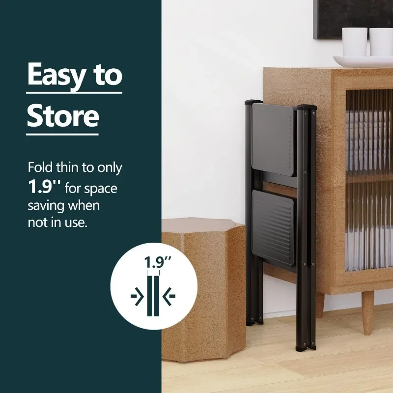 2 Step Ladder, Step Stool Foldable with Wide Pedals, Portable Stepping Stool for Adults,Sturdy Steel Ladders for Home with-Black