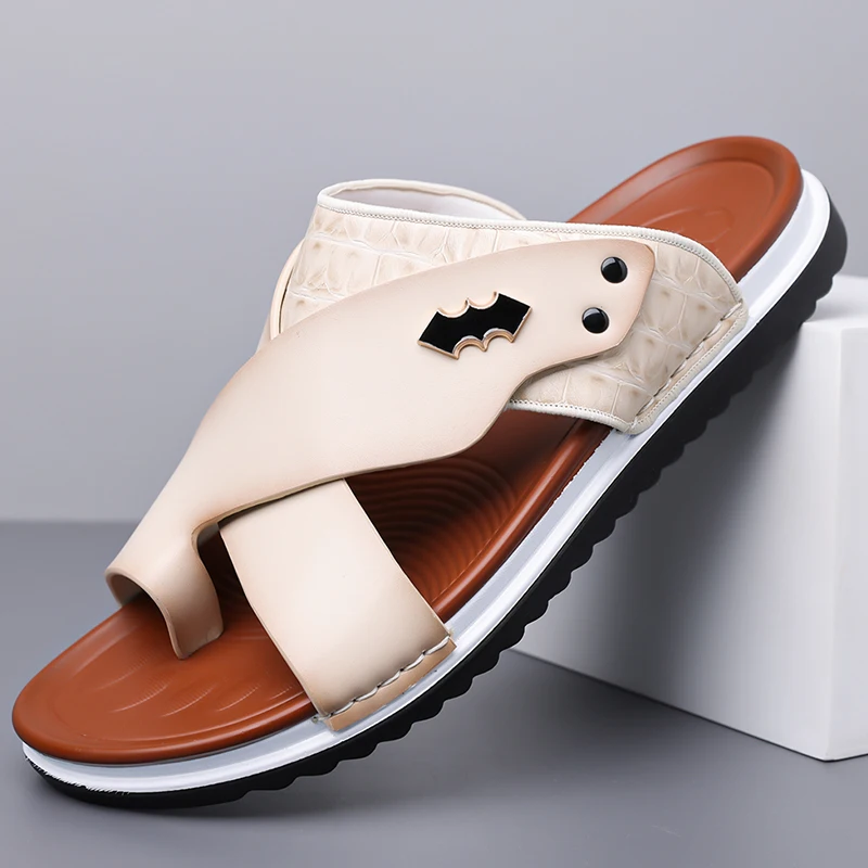 Men's Summer Comfortable Breathable Soft-Soled Thong Slippers Thick-Heeled Anti-Slip Outdoor Beach Driving Casual Slippers-5357