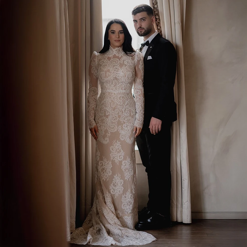 

Customized Illusion Mesh Lace Mermaid Wedding Dress High Neck Long Sleeve Bridal Dress With Chapel Train For Formal Wedding