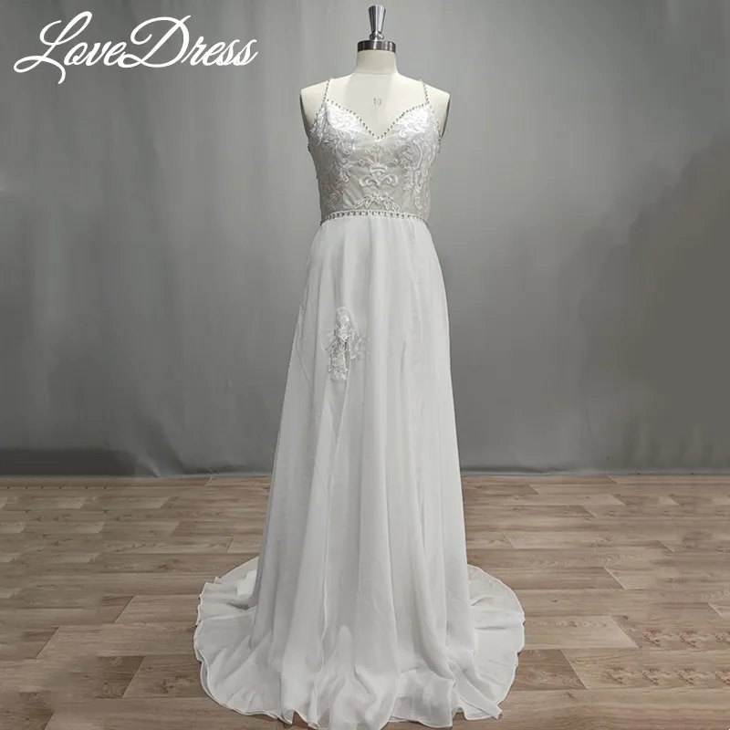 Lovedress-ストラップ付きの本物のシルクシフォンウェディングドレス,セクシーなバックレスドレス,Vネック,スパゲッティストラップ付き