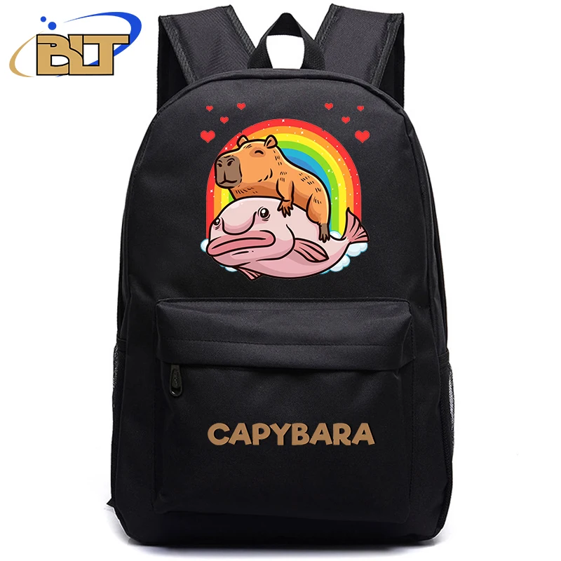 Cute Animal Capybara Print Black Backpack Teenager Student Schoolbag Boys Girls Gift