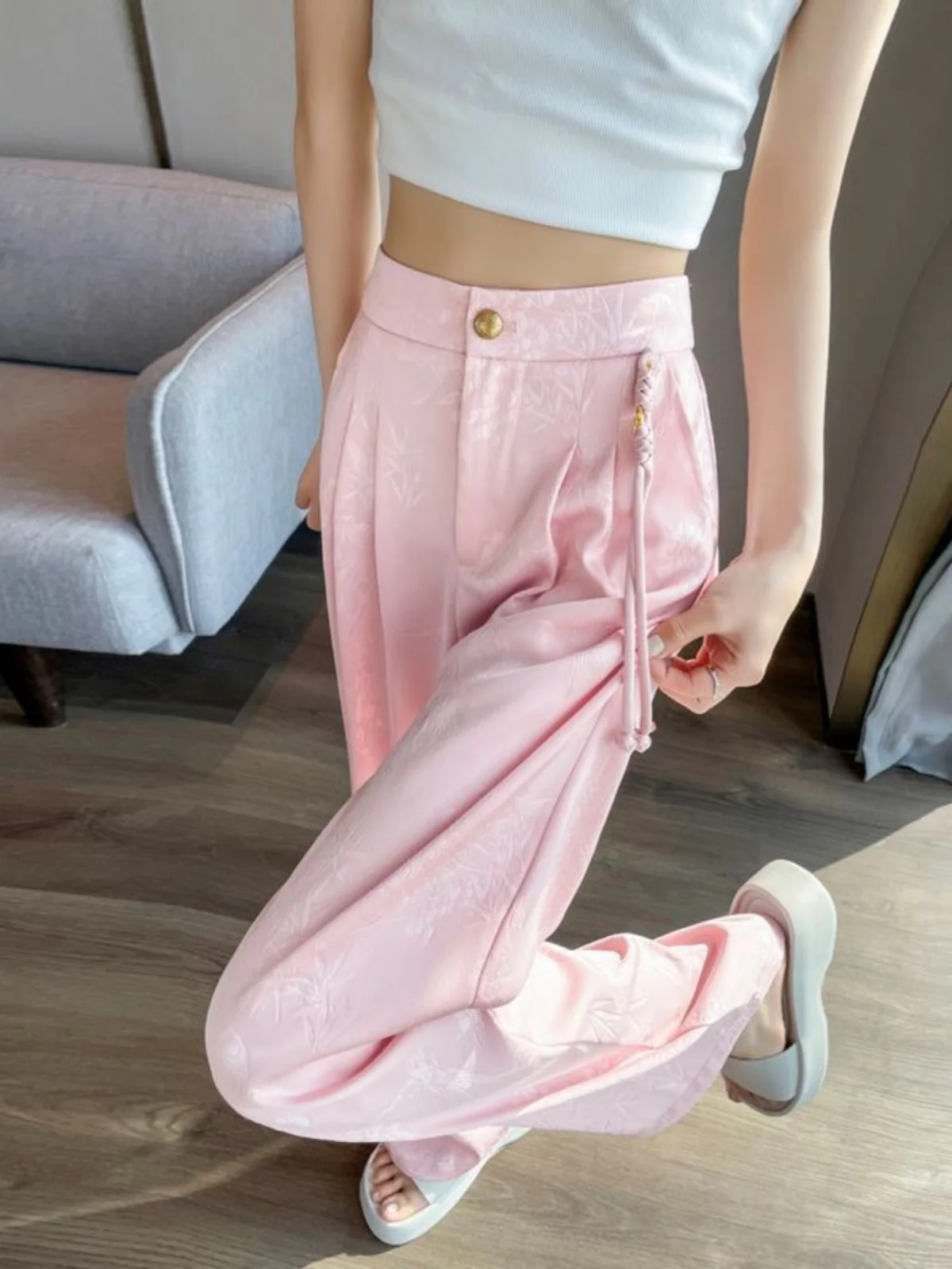 Nieuwe Chinese Sle Hoge Taille Wijde Pijpen Broek Vrouwen Zomer Afslanken Drapey Losse Acetaat Satijn Casual Broek Rechte Pijpen