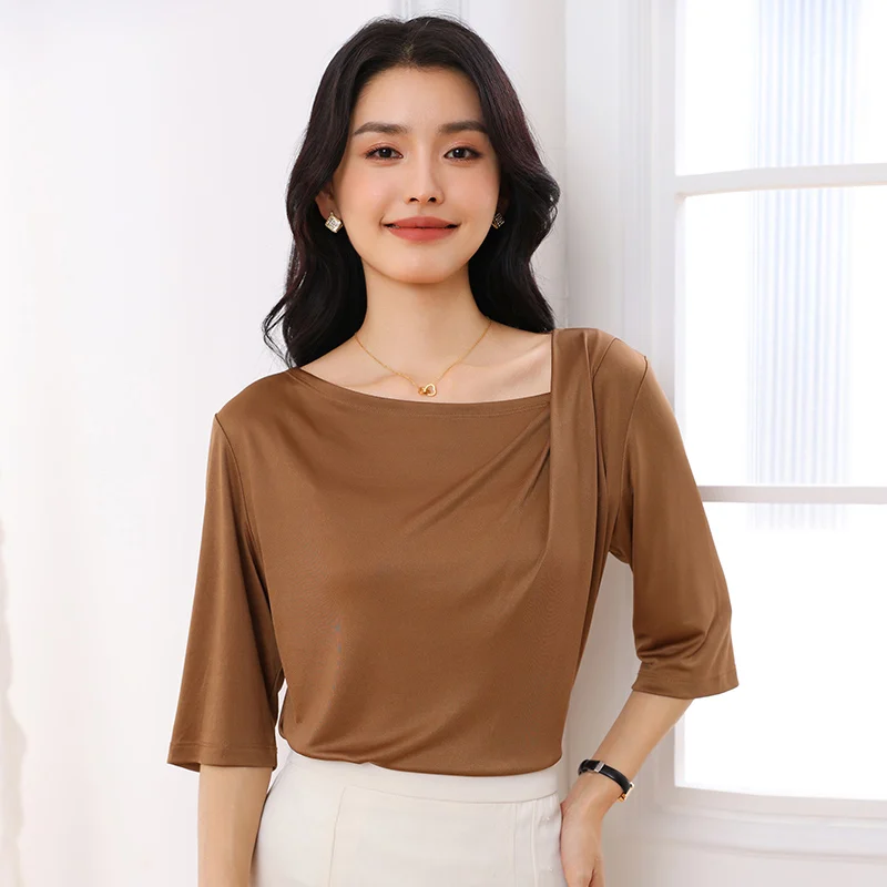 

2026 Summer New Women's T-shirt Knitted Women's Short Sleeve High end Acetate Fiber White Fashion Women's Top