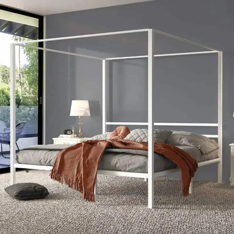 Factory Direct Compatible with King Size Canopy Bed Frame, Built-in Headboard Strong Metal Slat Mattress Support, Metal