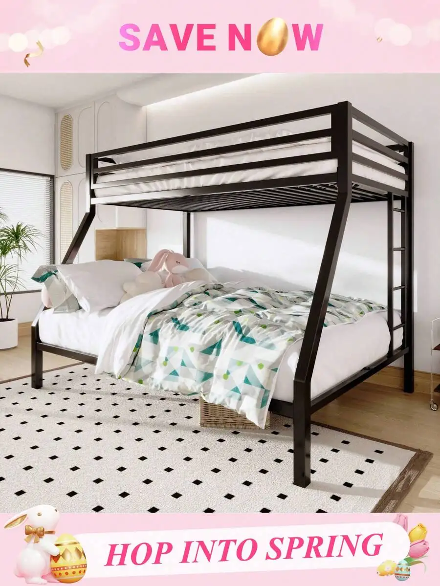 Twin Over Full Bunk Bed, Heavy-Duty Metal Frame With Enhanced High Guard Rails, Noise-Free, No Box Spring Needed, Black/White * Bed Frame Queen Queen Bed Frame Bed Frame Full Full Size Bed Frame King Size Bed Frame Twin Bed Frame Room Decor Home