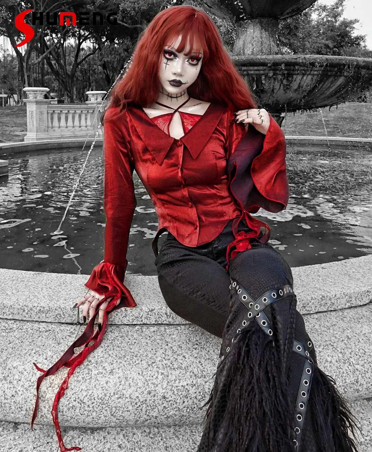 Original Vampire Red Blouse Full Sleeved Halter Turn-down Collar Blouses Gothic Female Dark Elegant Blouse Slim Shirt Top Women