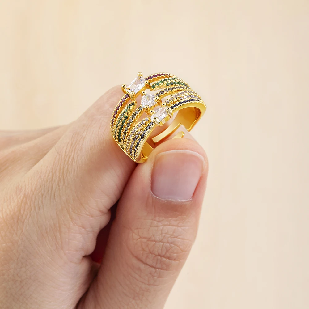 AIBEF Fashion Multi-Layered Finger Rings with Rainbow Zircon Wide Version Gold Color Rings for Women Party Jewelry 2022