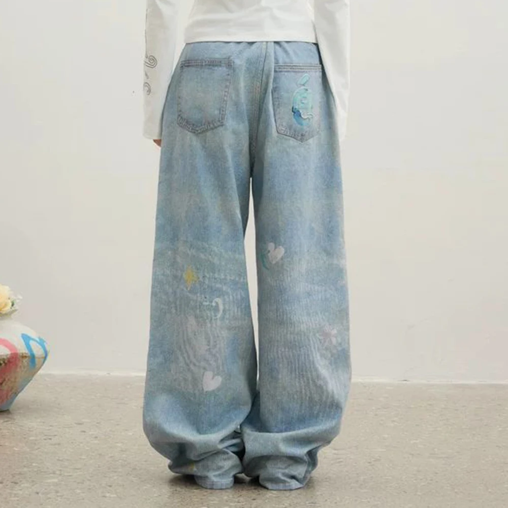 Niche design hand-painted Dalmatian jeans broken diamond printed straight-leg pants  streetwear women korean