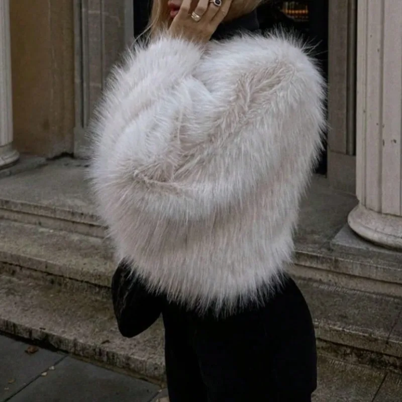 EAEOVNI خريف شتاء جديد الفراء البلوز معطف الفرو المرأة موضة بلون مضيئة كم تصميم بلوزات قصيرة ملابس الشارع الشهير