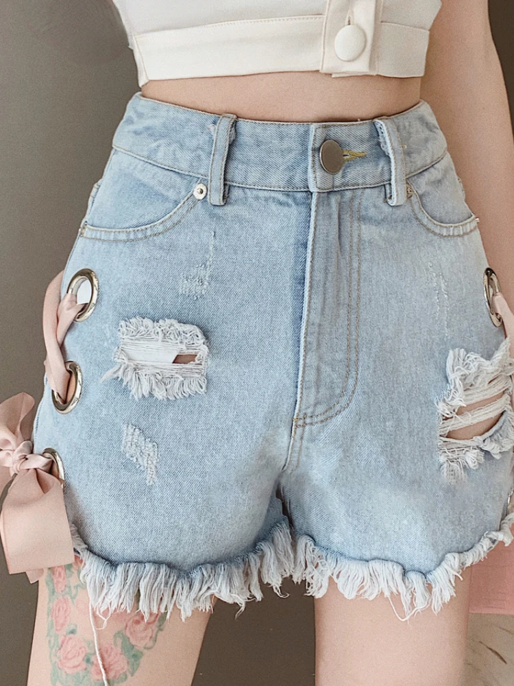 Aoi New Summer Korean Women High Waist Broken Hole Tassel Lace-up Jeans Shorts Casual Female Loose Fit Lolita Y2k Streetwear