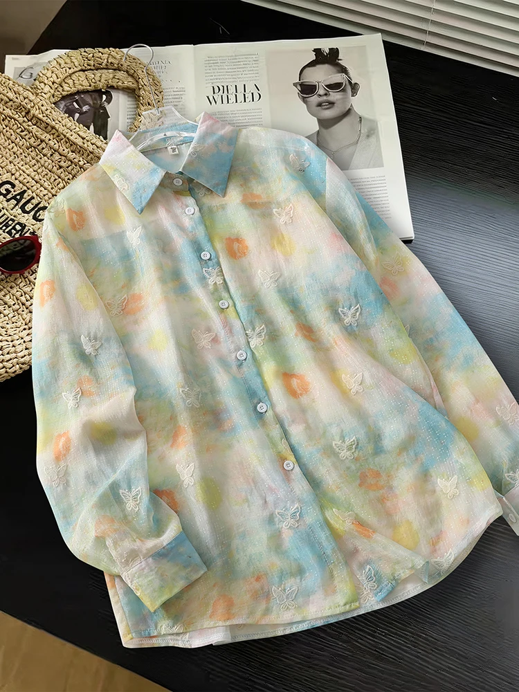 

High-End Long Sleeve Shirt Top Sweet Print Embroidery See-Through Sun Protection Cover up Casual Loose Fit