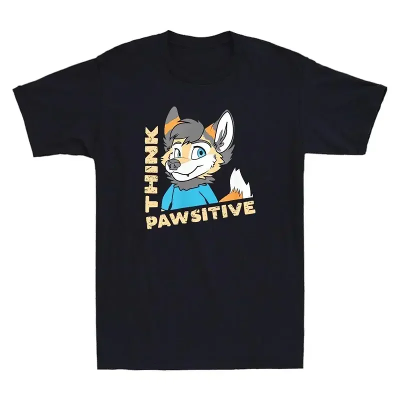 Think Pawsitive Funny Furry Fandom Cartoon Meme Vintage Men's Cotton T Shirt